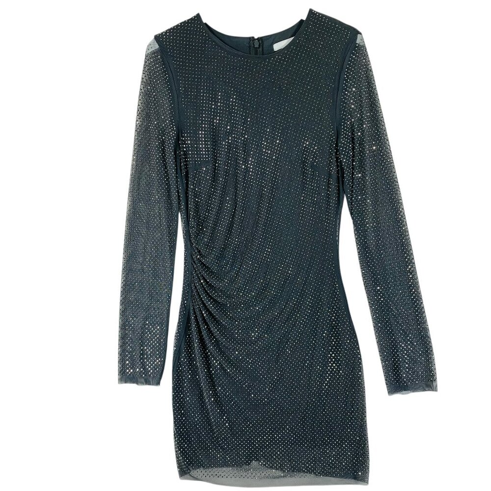 H&M Rhinestone-embellished dress dark grey long sleeve mesh sz S